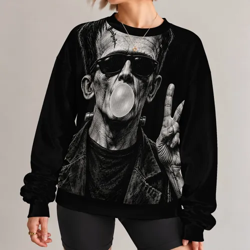 Retro Monster Bubblegum Peace Sign Halloween Gift for Classic Horror Fans and Collectors All-over Print Knitted Sweater