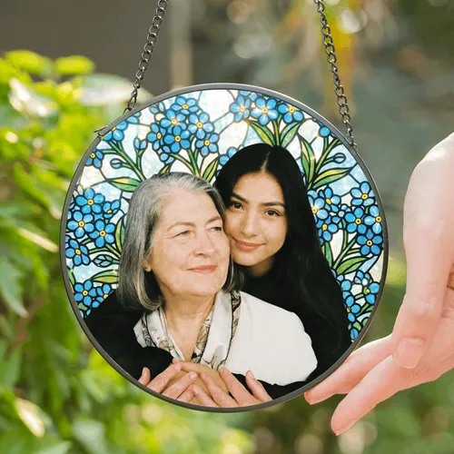 Personalized Forget Me Not Photo Suncatcher – Custom Floral Stained Glass for Mom, Christmas Gift from Daughter