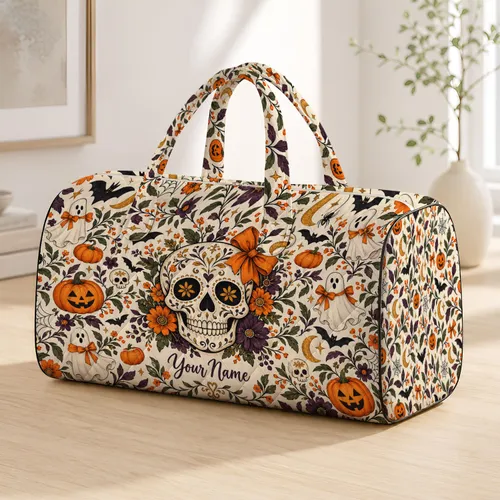 Halloween Skull Ghost Pumpkin Motifs for Festive Autumn Getaways and Spooky Season Gifts Quilted Weekend Bag