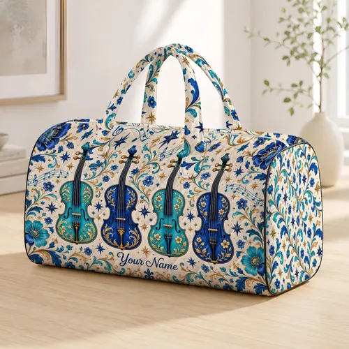 Blue Violin and Star Motifs for Beach Getaways and Music-Loving Travel Enthusiasts Quilted Weekend Bag