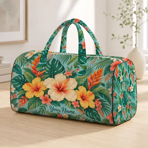 Tropical Hibiscus and Palm Leaves for Sunny Beach Getaways and Relaxed Weekend Escapes Quilted Weekend Bag