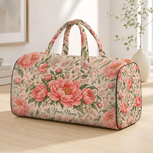 Coral Peony and Wildflower Florals for Coastal Getaways and Relaxed Weekend Escapes Quilted Weekend Bag