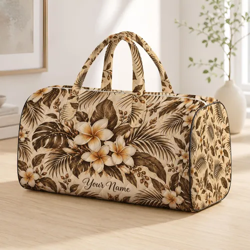Sepia Tropical Palm And Plumeria For Coastal Getaways And Relaxed Resort Escapes Quilted Weekend Bag