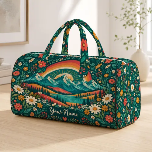 Bohemian Mountain Rainbow and Wildflowers for Road Trips, Camping and Beach Escapes Quilted Weekend Bag
