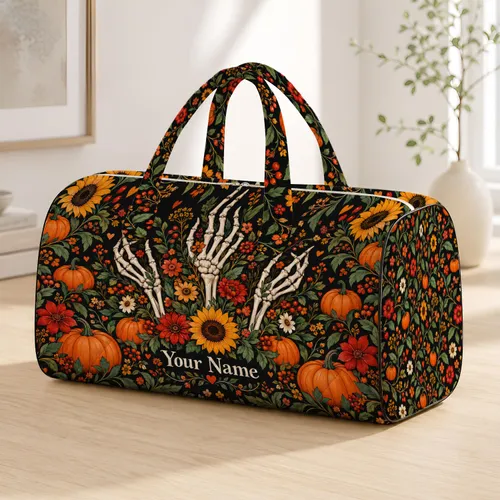 Autumn Skeleton Hands Pumpkins and Wildflowers for Halloween Getaways and Fall Travel Quilted Weekend Bag
