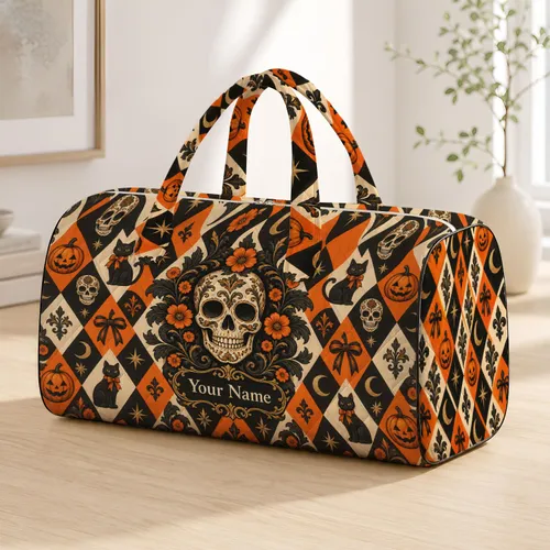 Halloween Harlequin Skulls, Pumpkins and Bows for Seasonal Travel and Autumn Getaways Quilted Weekend Bag