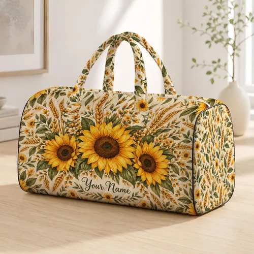 Sunflower and Golden Wheat Florals for Camping Getaways and Sunny Weekend Escapes Quilted Weekend Bag