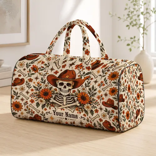 Cowboy Skeletons and Rust Wildflowers for Halloween Getaways and Autumn Adventures Quilted Weekend Bag