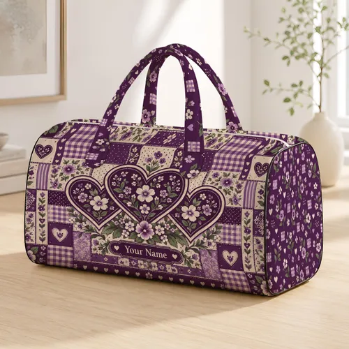 Purple Patchwork Hearts for Weekend Getaways, Resort Escapes, and Holiday Travel Quilted Weekend Bag