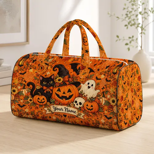 Cute Halloween Pumpkins, Ghosts and Cats for Spooky Autumn Getaways and Fall Adventures Quilted Weekend Bag