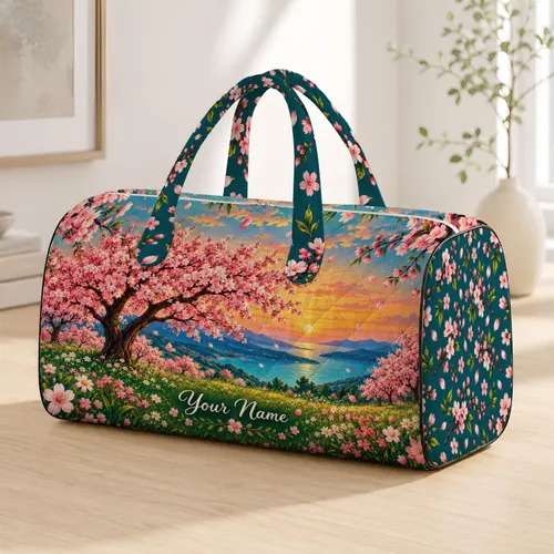 Cherry Blossom Meadow Sunset for Spring Getaways, Beach Escapes and Leisure Days Quilted Weekend Bag