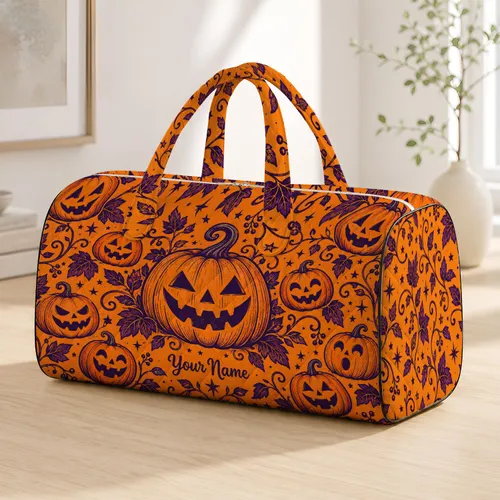 Purple Jack-O’-Lanterns for Halloween Getaways and Cozy Autumn Travel Adventures Quilted Weekend Bag