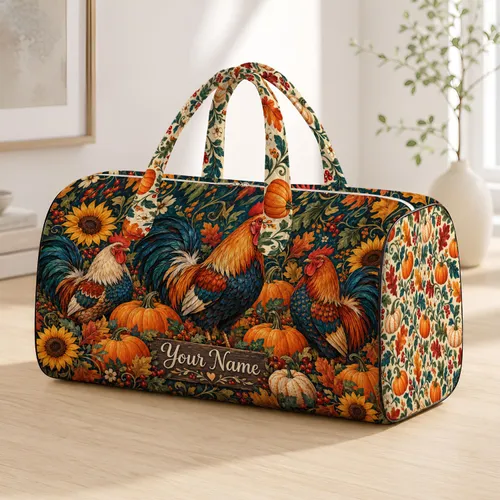 Harvest Rooster and Pumpkin Autumn Gathering for Thanksgiving Farmhouse Country Style Quilted Weekend Bag