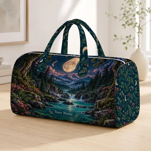 Moonlit Enchanted Forest with River for Whimsical Weekend Escapes and Nature Lovers Quilted Weekend Bag