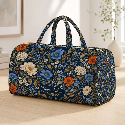 Vintage Navy Wildflower Florals for Weekend Getaways and Everyday Travel Lovers Quilted Weekend Bag