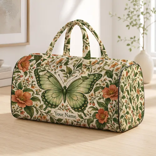 Sage Green Butterfly and Wildflower Garden for Romantic Getaways and Spring Escapes Quilted Weekend Bag