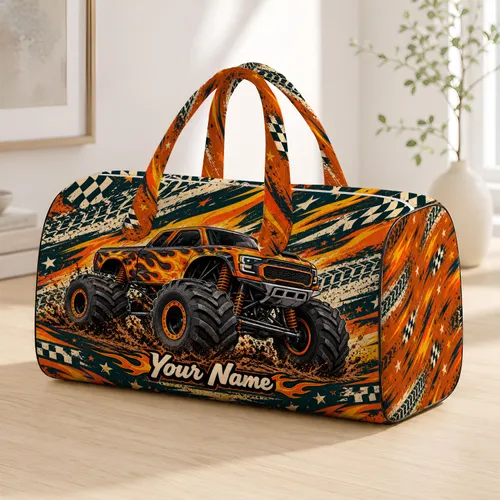 Flaming Orange Monster Truck Adventure for Road Trips, Travel and Outdoor Escapes Quilted Weekend Bag