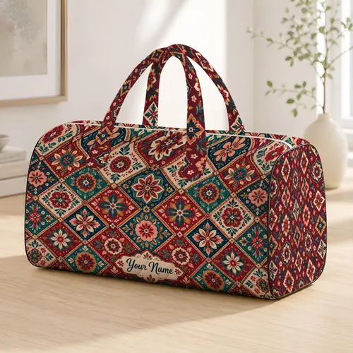 Boho Floral Medallion Motifs for Colorful Weekend Getaways and Holiday Travel Gifts Quilted Weekend Bag
