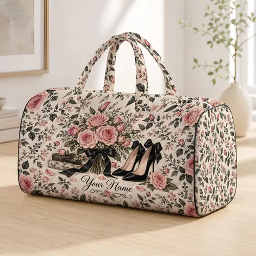 Blush Rose Bouquets And Black Heels For Elegant Getaways And Romantic Fashion Lovers Quilted Weekend Bag
