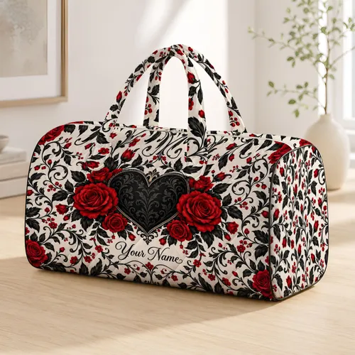 Black Heart and Crimson Roses for Romantic Getaways and Bold Everyday Travel Style Quilted Weekend Bag