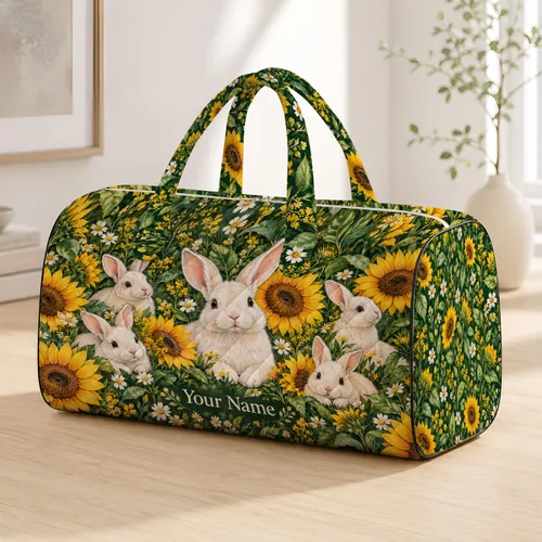 Sunflower Meadow Rabbits for Cottagecore Getaways, Spring Trips, and Nature Lovers Quilted Weekend Bag