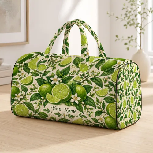 Lime Slice and Green Leaf Citrus Style for Bright Summer Travel and Vacation Getaways Quilted Weekend Bag
