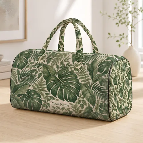 Tropical Green Monstera and Fern Foliage for Relaxed Island Getaways and Summer Escapes Quilted Weekend Bag