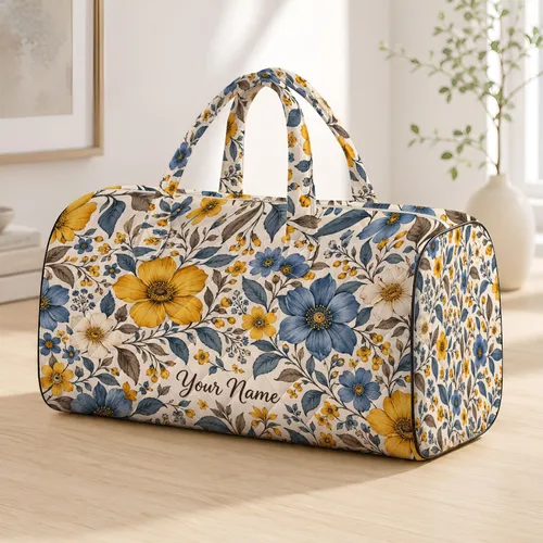 Mustard And Slate Blue Wildflowers For Chic Vacation Getaways And Everyday Travel Quilted Weekend Bag