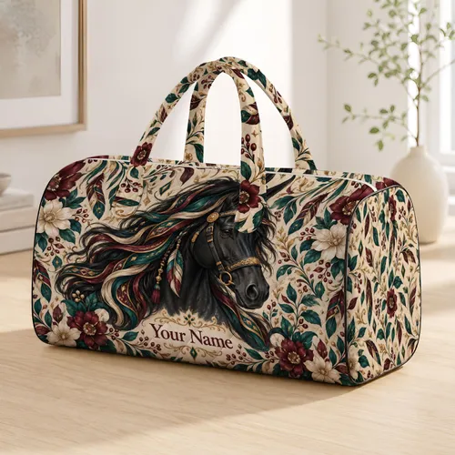 Black Horse Portrait with Jewel-Toned Mane for Equestrian Travel and Weekend Escapes Quilted Weekend Bag