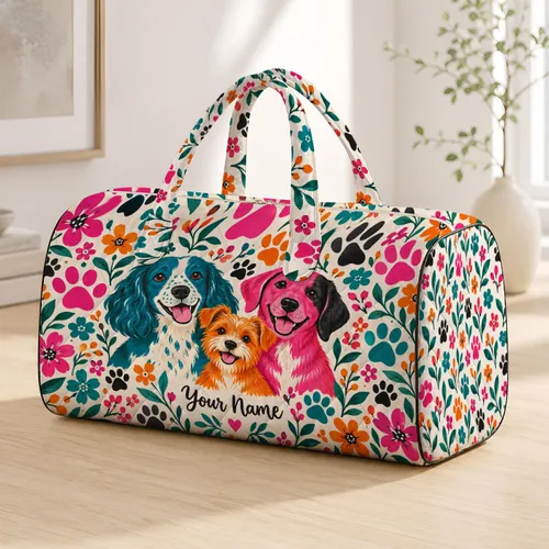 Colorful Dog Faces and Paw Prints for Bright Spring Adventures with Your Favorite Pet Quilted Weekend Bag