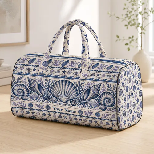 Navy Seashells and Coastal Wave Bands for Relaxed Summer Beach Getaways by the Shore Quilted Weekend Bag