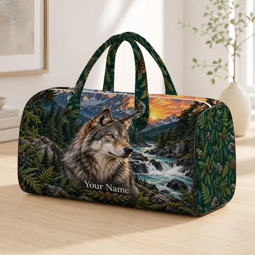 Wilderness Wolf and Evergreen River Valley for Scenic Road Trips and Outdoor Getaways Quilted Weekend Bag