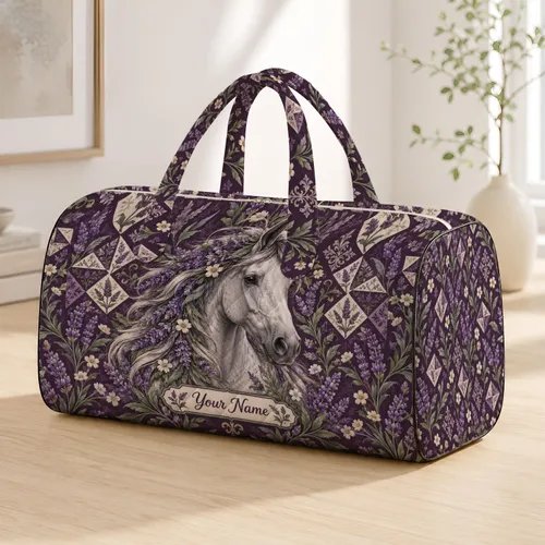 Gray Horse with Lavender Botanical Mane for Equestrian Travel and Country Escapes Quilted Weekend Bag