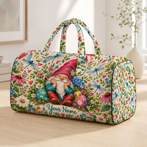 Whimsical Garden Gnome, Dragonflies and Hearts for Cheerful Weekend Getaways Quilted Weekend Bag