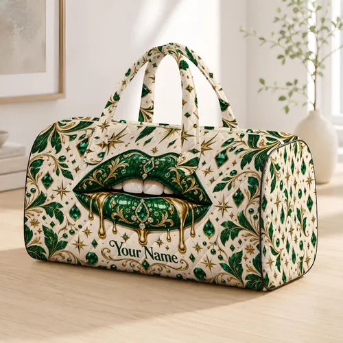 Emerald Gold Melting Lips and Jeweled Stars for Glamorous Travel and Weekend Getaways Quilted Weekend Bag