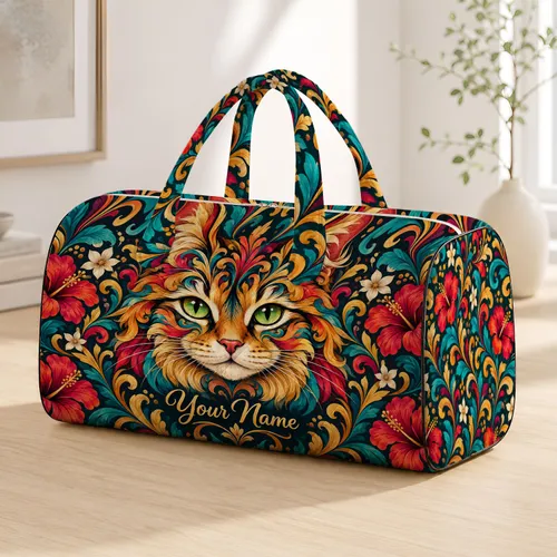 Vibrant Swirl Cat Portrait for Weekend Getaways, Yoga Trips and Holiday Escapes for Women Quilted Weekend Bag