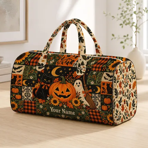 Vintage Halloween Pumpkins, Black Cats and Ghosts for Cozy Autumn Weekend Escapes Quilted Weekend Bag