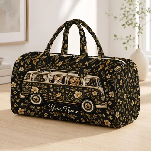 Vintage Camper Van With Golden Florals for Dog Mom Travel and Weekend Adventures Quilted Weekend Bag