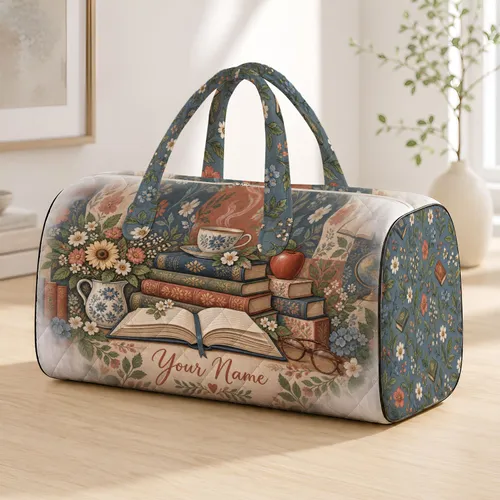 Vintage Books and Florals for Back to School Reading Teacher Appreciation Gifts Quilted Weekend Bag