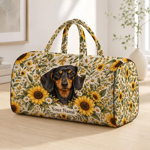 Dachshund Sunflowers and Daisies for Garden Getaways and Dog Lover Birthdays Quilted Weekend Bag