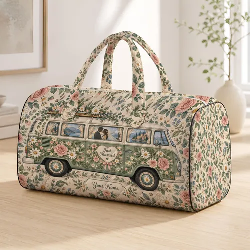 Floral Vintage Camper Wedding Keepsake for Honeymoon Road Trips and Newlywed Gifts Quilted Weekend Bag