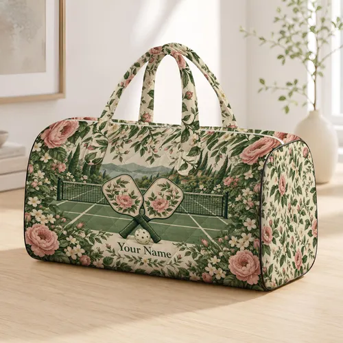 Floral Pickleball Rackets and Court Blooms for Stylish Sporty Weekend Getaways and Travel Quilted Weekend Bag