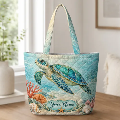 Colorful Sea Turtle Coral Reef Art for Beach Days and Coastal Getaways Quilted Tote Bag