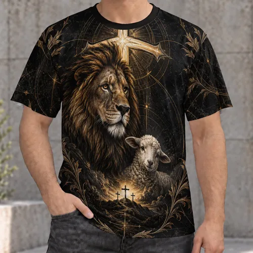 Lion, Lamb And Cross Religious Faith Art For Church And Worship Gatherings All-over Print Unisex T-shirt