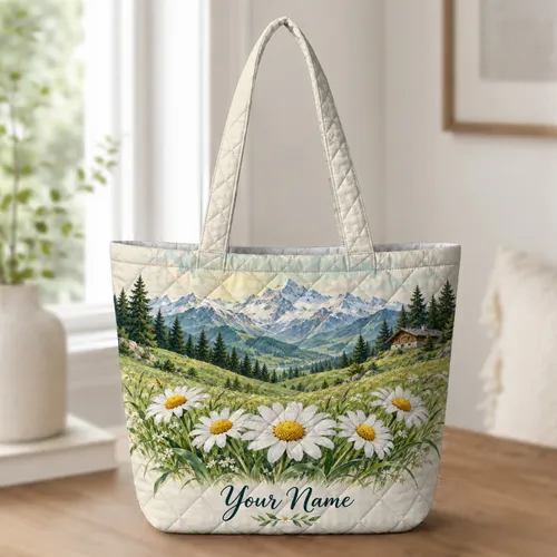 Alpine Mountain Daisies for Spring Meadow Walks and Nature-Loving Gift Giving Quilted Tote Bag