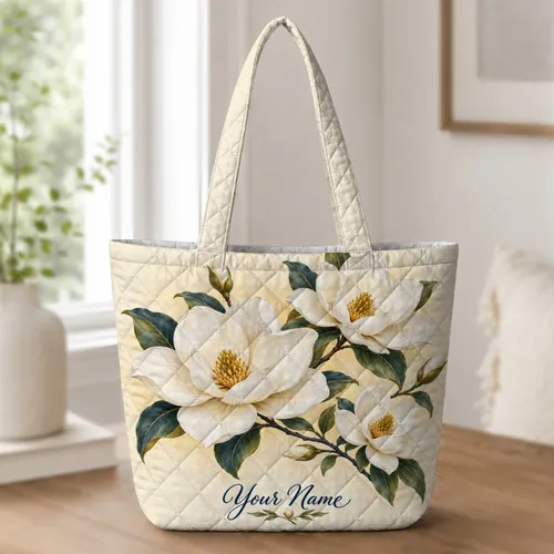 White Magnolia Blossoms for Southern Garden Lovers and Springtime Gift Giving Quilted Tote Bag