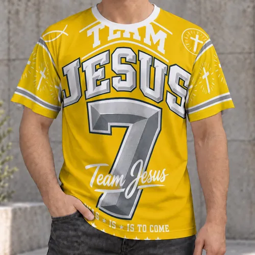 Gold Christian Number Seven Faith Emblem for Church Fellowship and Outdoor Worship All-over Print Unisex T-shirt