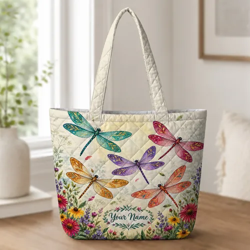 Colorful Dragonflies and Wildflowers for Nature Lovers and Garden Days Quilted Tote Bag