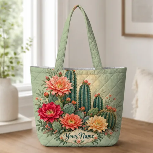 Cactus Flower Desert Garden for Southwest Travel and Everyday Nature Lover Gifts Quilted Tote Bag