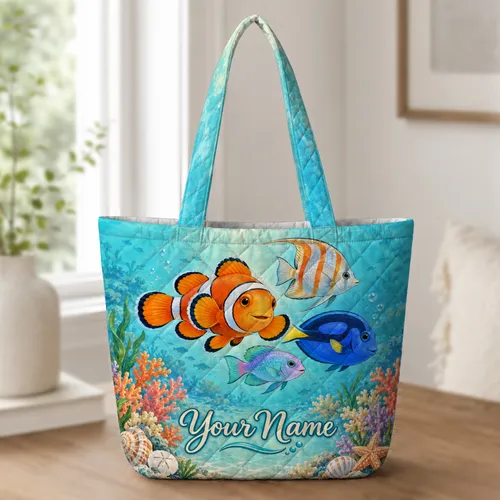 Tropical Reef Fish And Coral For Sunny Beach Days And Relaxed Coastal Getaways Quilted Tote Bag
